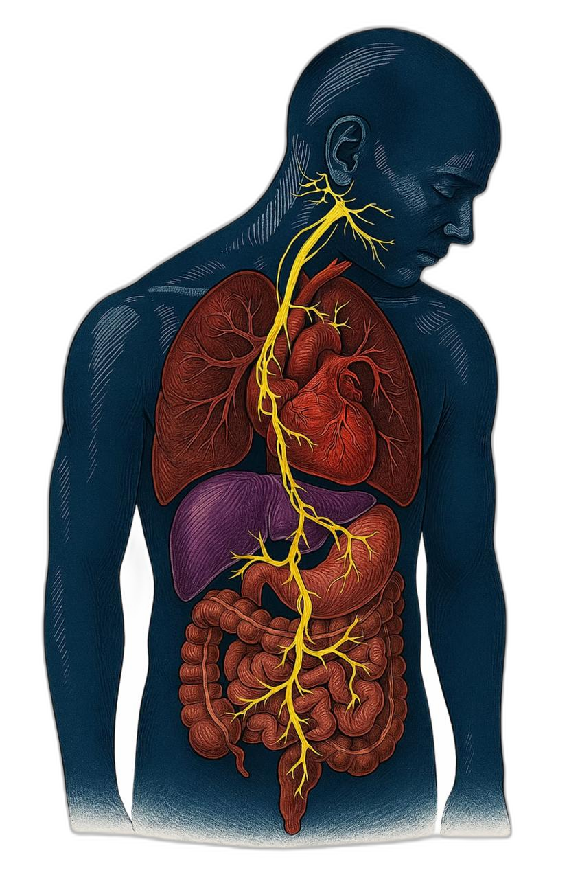 The vagus nerve wandering from the brainstem through the heart, lungs, and gut