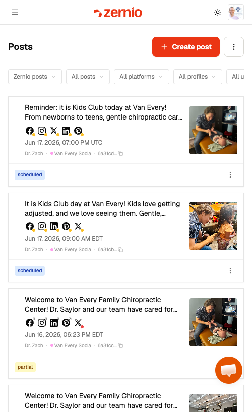 Zernio posts dashboard list